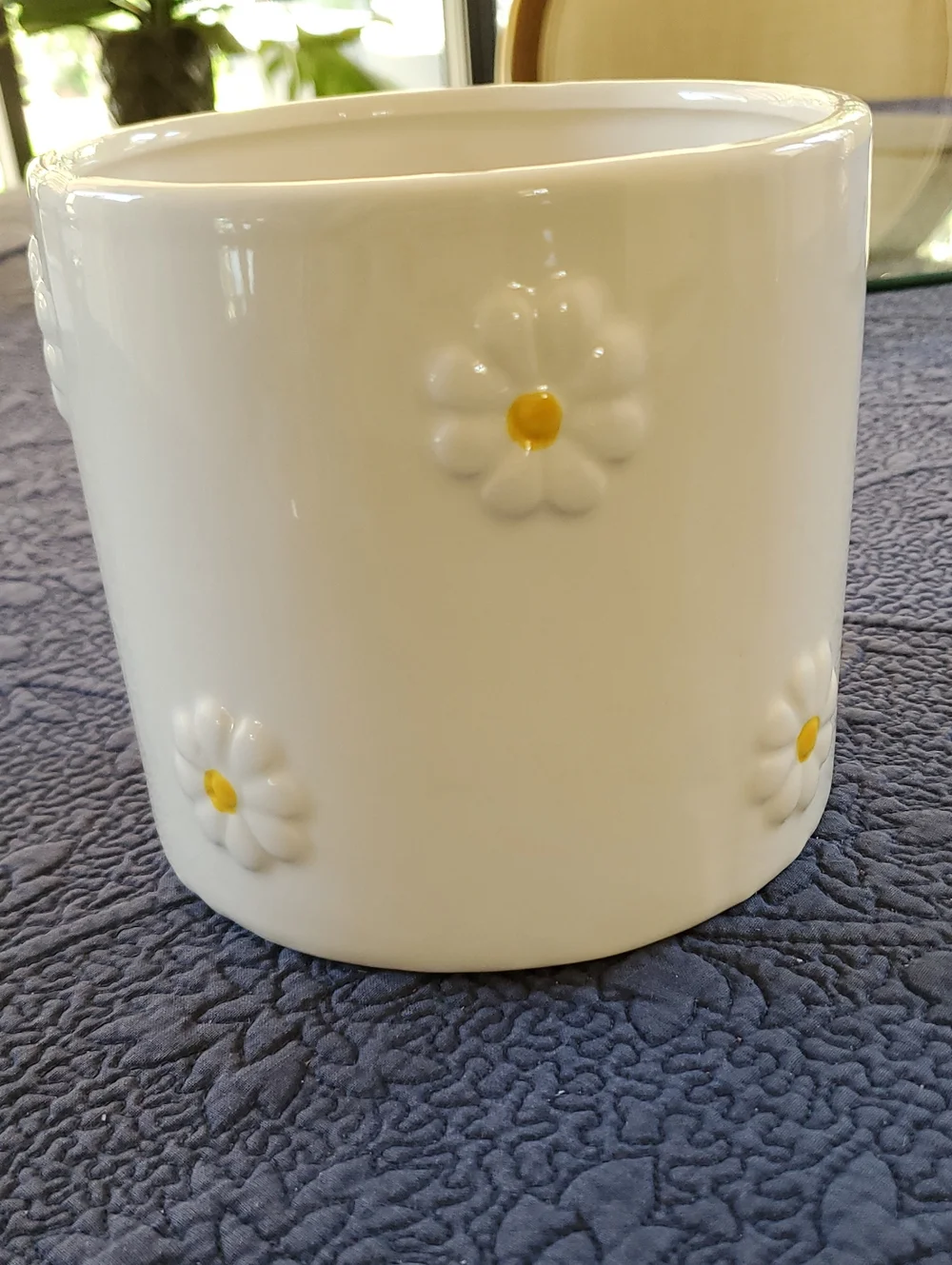 White Ceramic Daisy Planter with Yellow Accents